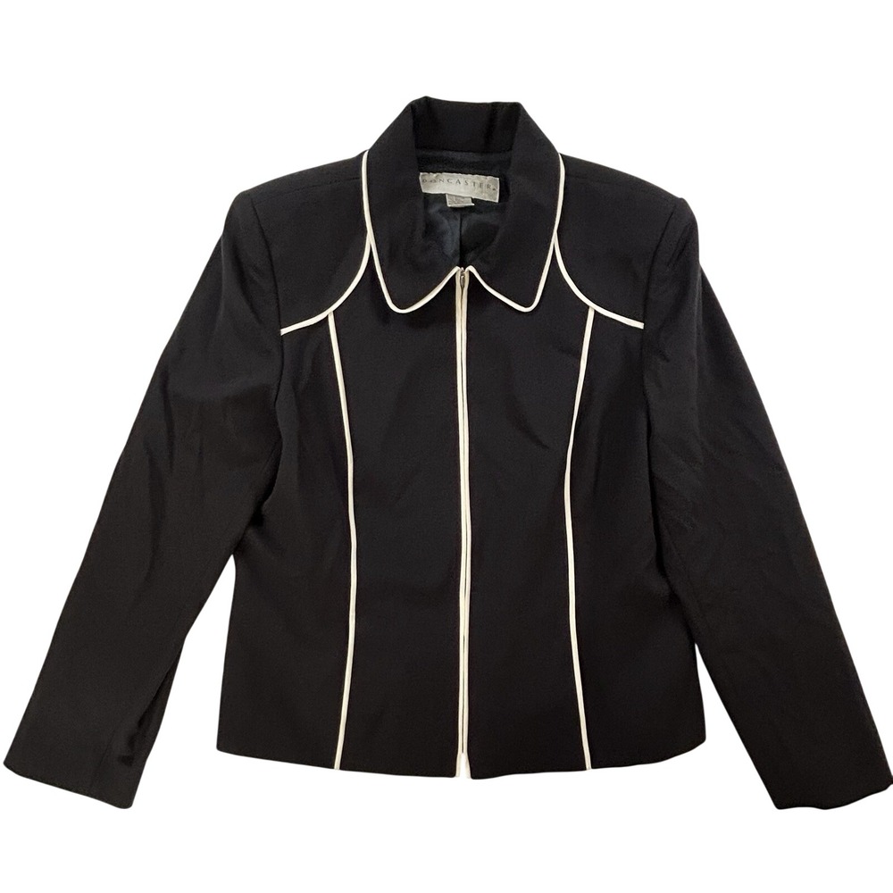 Doncastor Womens Black Blazer White Trim Cotton Linen Blend Career‎ Office Sz M*